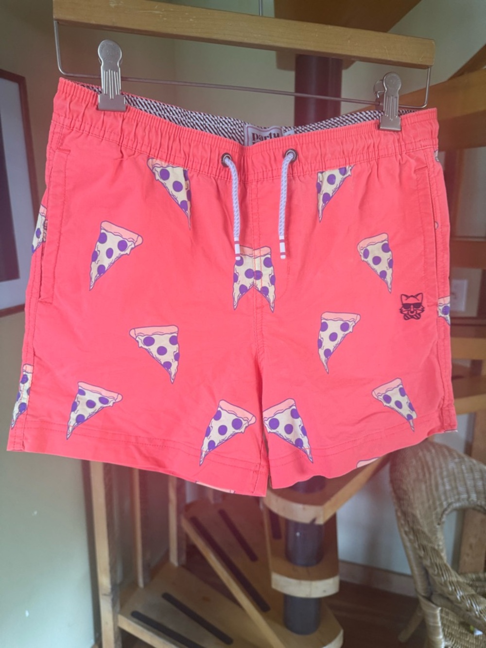 Boys Neon Orange Pepperoni Pizza Party Pants Swim Shorts Size XL
